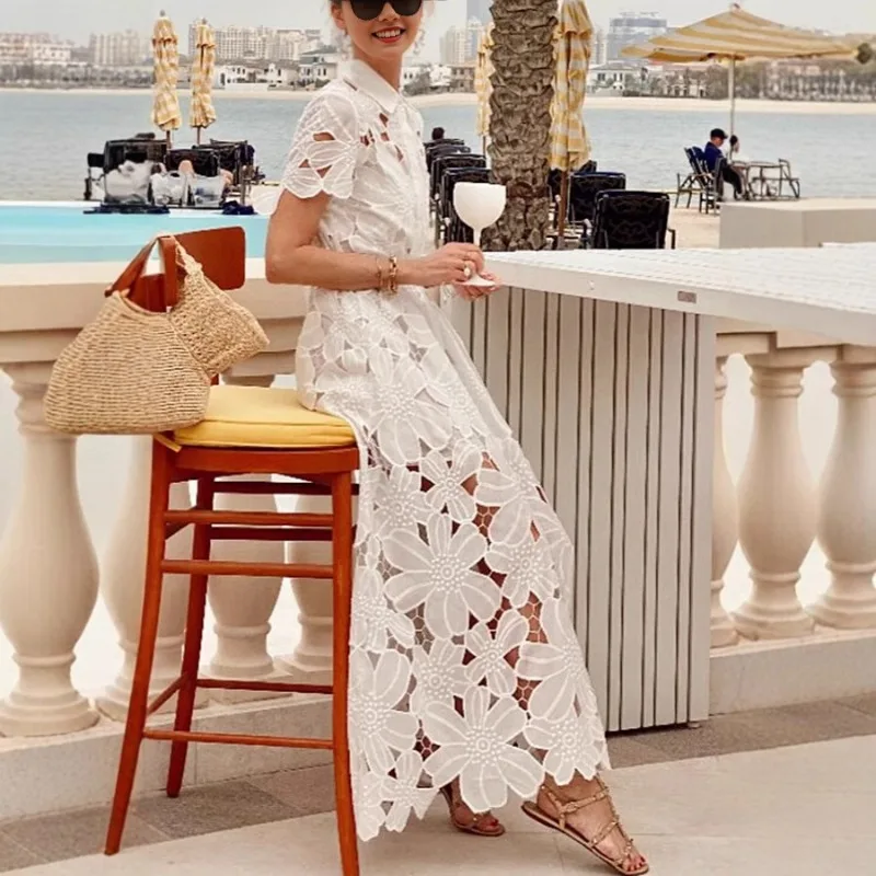 2025 verano Floral ahueca hacia fuera el vestido largo ocasional de vacaciones con fajas mujeres solapa camisa de manga corta vestido largo ropa de calle Casual