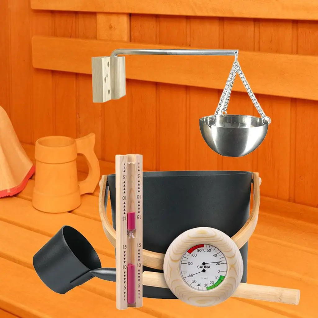 Sauna Bucket Kit Matching Wooden and Metal Bowl Hygrometer for Bath Bathroom Steam Room