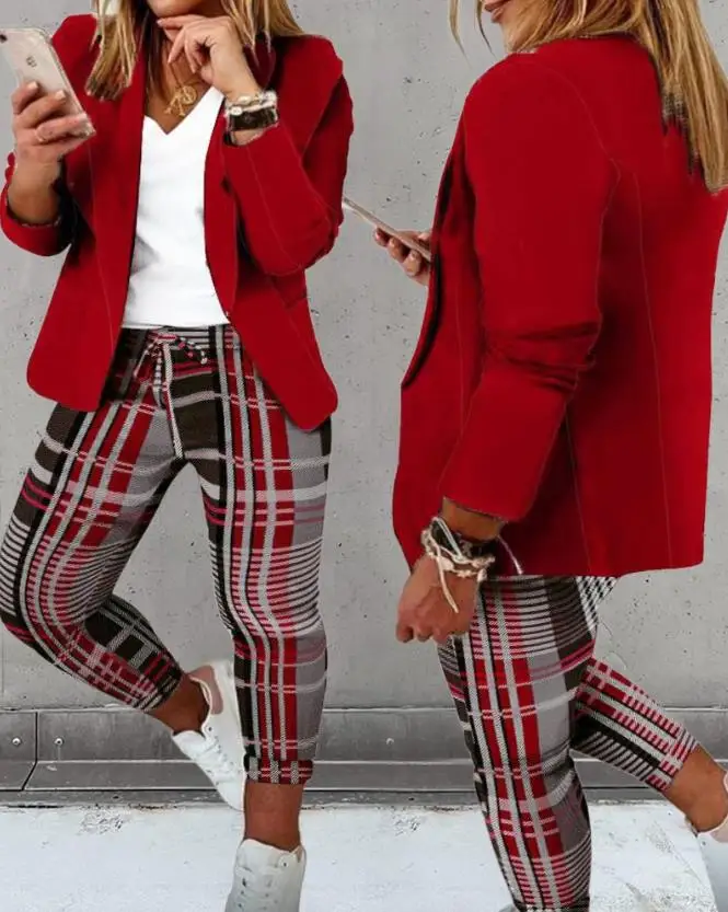 Plus Size Checker Printed Suit Coat and Drawstring Pants Set New Fashion 2023 Hot Selling Women's Wear