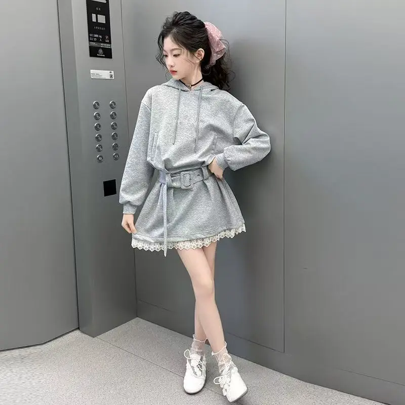 Girls' Spring and Autumn Hooded Hoodie Dress 2026 Korean Edition College Style Casual Waist Combo Dress