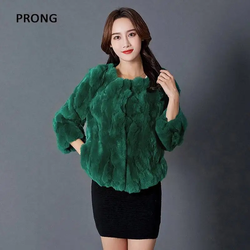 Women Real Rabbit Fur Coat Winter Natural Genuine Rex Rabbit Fur Overcoat Female Solid Color O-Neck Hook Jackets