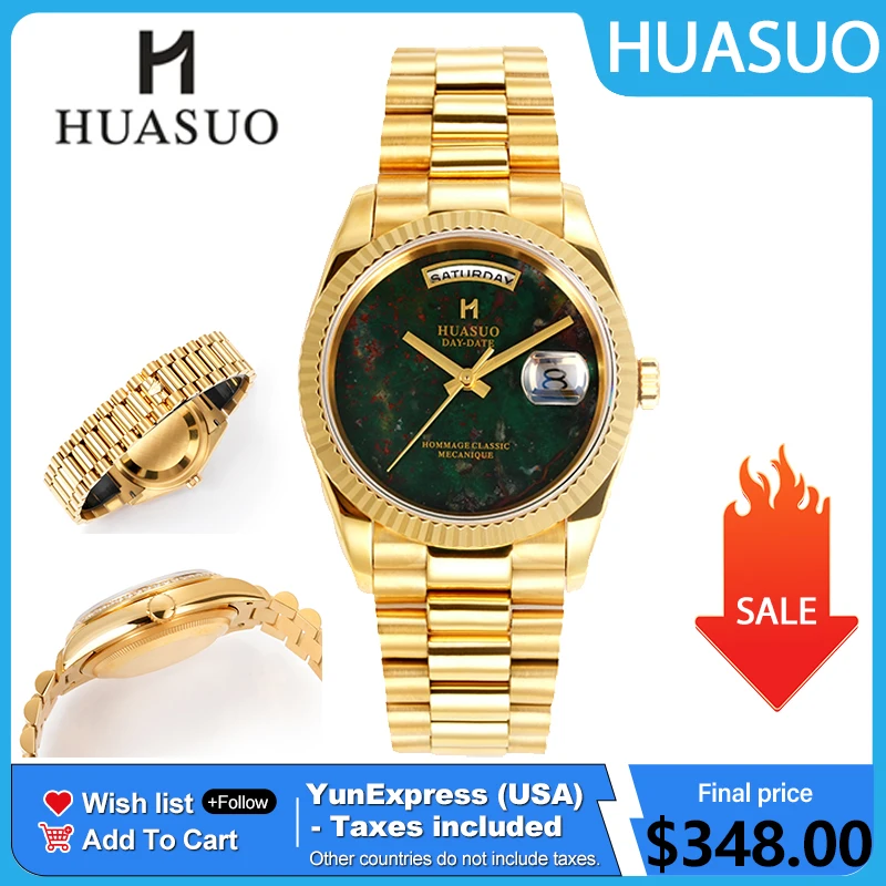 HUASUO 36MM Men's Gemstone Dial Watch Automatic Mechanical Stainless Steel Sapphire Luxury Gold Classic Waterproof Watches