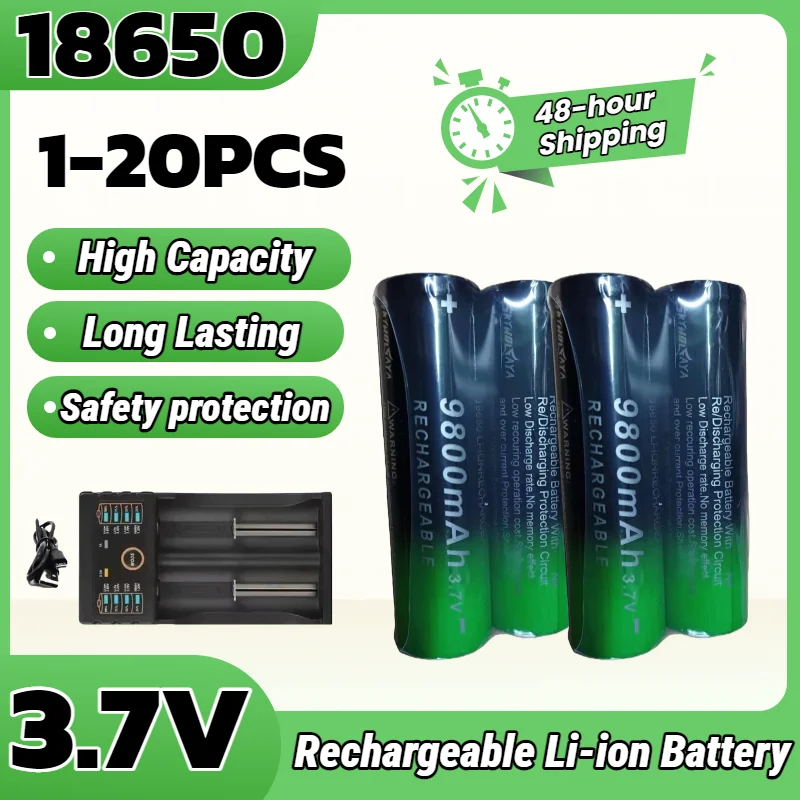 

18650 Rechargeable Battery 3.7V 9800mAh Upgraded Safe Lithium Battery with USB Charger Set for High Power Flashlight Lamp