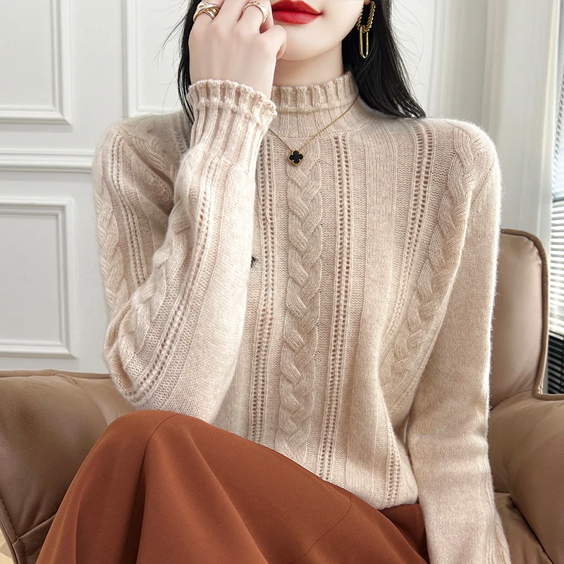 

S-XXL New 100% wool women's semi high neck pullover sweater with solid color knitting Versatile Full Sleeve Women's Wool sweate