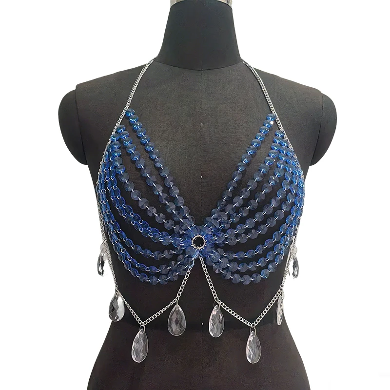 Handmade Music Festival Outfit Female Halter Gem Cami Top Bead Bra Chest Top Blue Crystal Body Chain