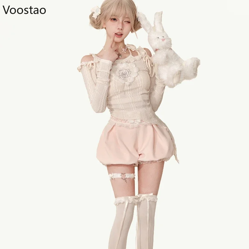 Japanese Kawaii Lolita Style Slim 2 Piece Set Women Sweet Long Sleeve Blouse Tops Y2k Cute Shorts Female Korean Fashion Suits