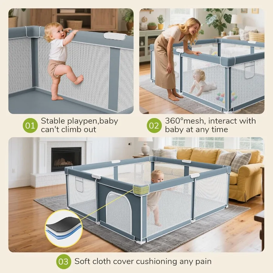 Foldable Baby Playpen - 71"×79" Collapsible Play Pen for Babies and Toddlers - Indoor Outdoor Travel Playpen - Sturdy with Mesh