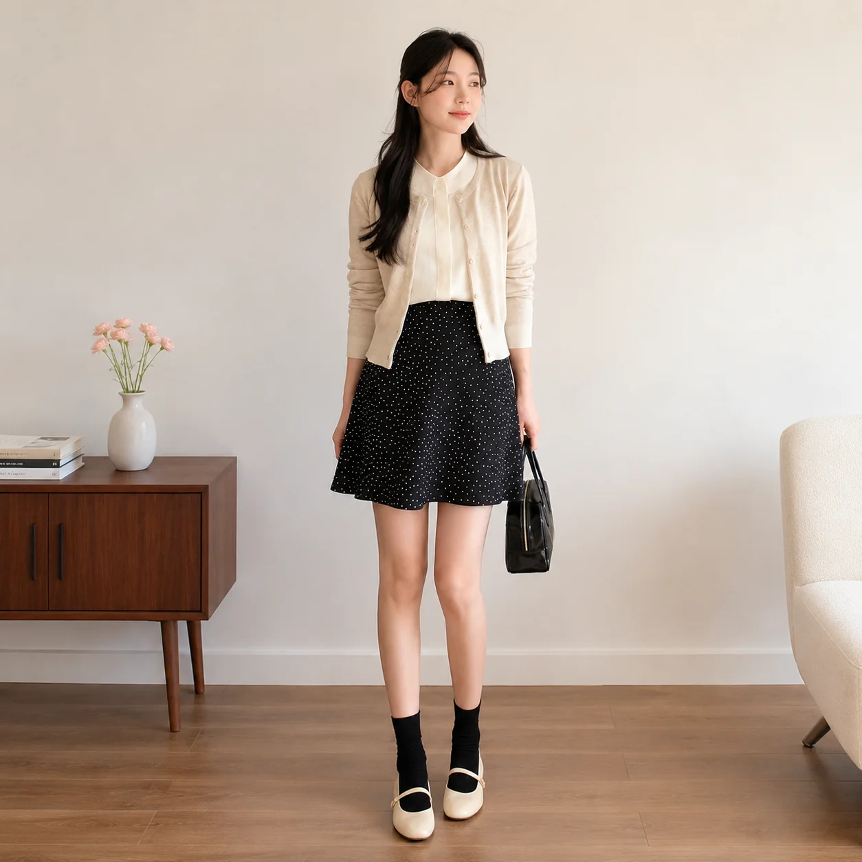 EOENKKY Women Polka Dot Mini Skirt High Waist A-Line Chiffon Skater Skirt Slight Stretch 2026 Spring Casual Office Date Wear