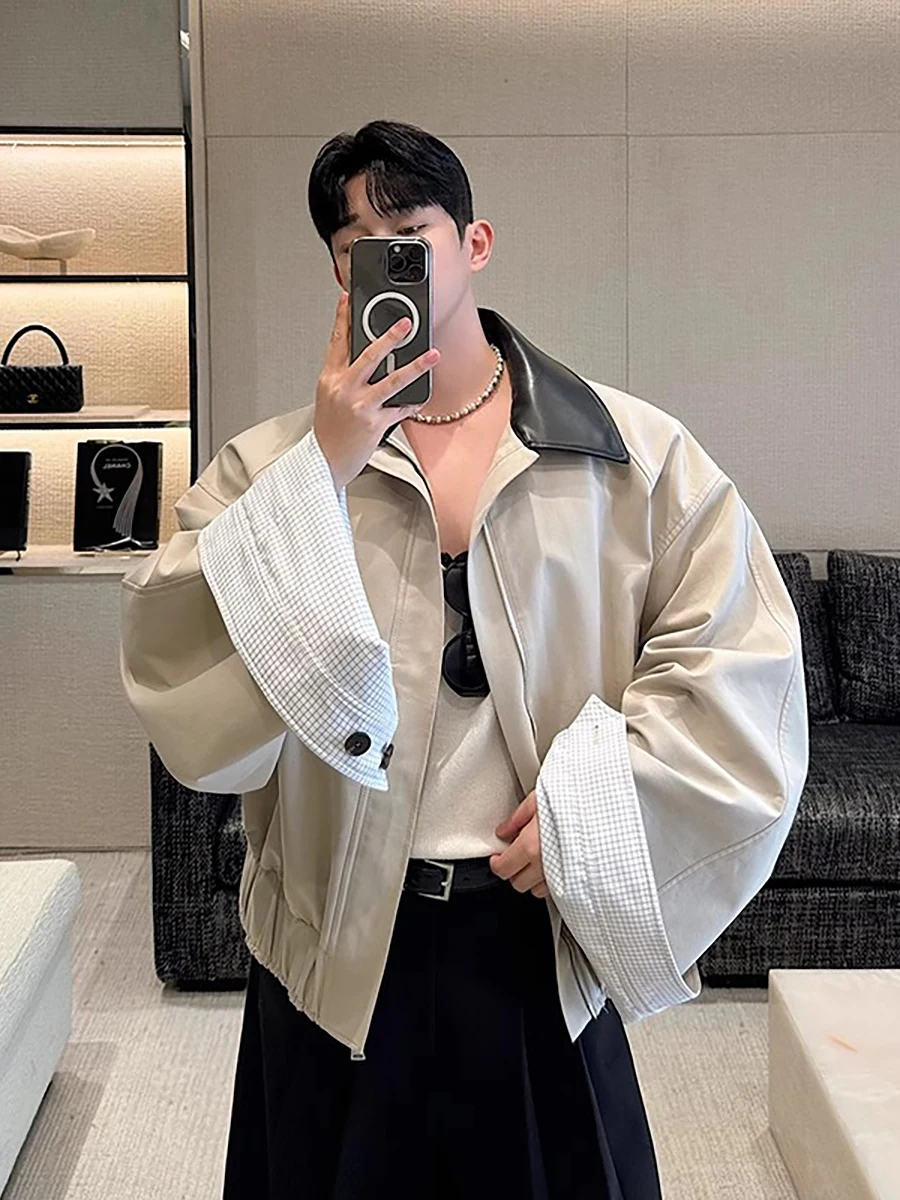 

Mauroicardi Spring Autumn Cool Oversized Short Color Block Jacket Men with Plaid Lining Inside Luxury Designer Streetwear 2025