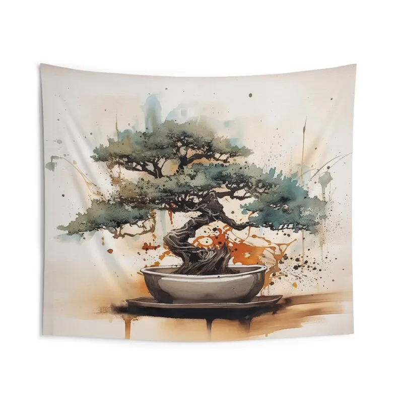 Bonsai Tree Wall Tapestry, Coffee Stain and Watercolor Aesthetic Nature Lover Bedroom, Living Room & Meditation Space Decor