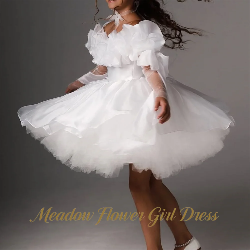 Meadow Ivory White Children Birthday Wedding Dresses Off The Shoulder Flower Girl Dress Long Sleeves Princess Girls Dress