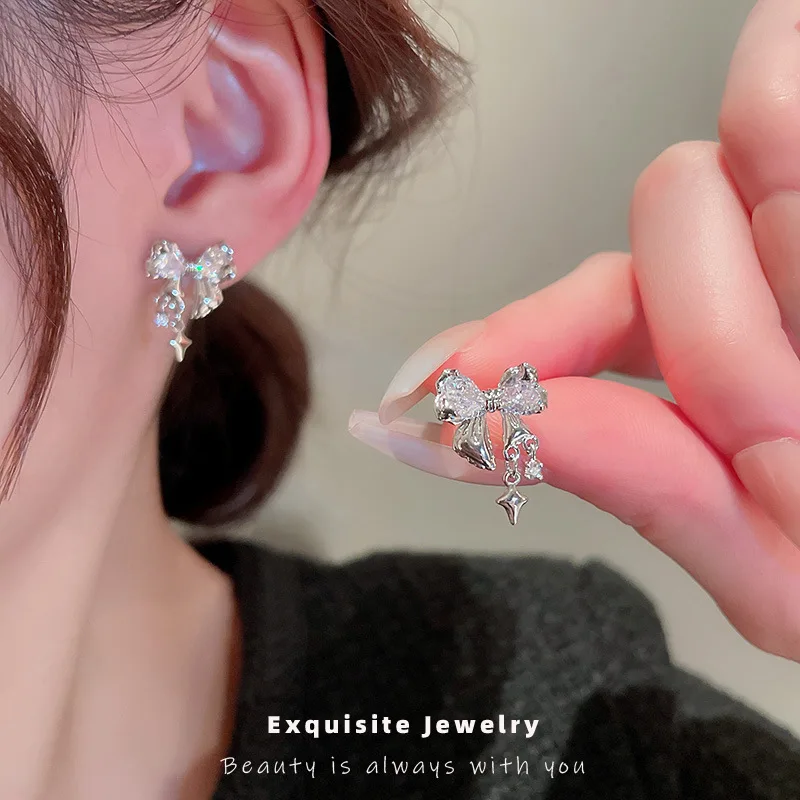 Fashion light luxury mango zircon bow silver needle earrings, personal cold wind temperament high-end earrings