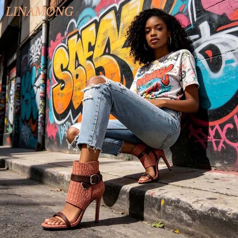 Women's Open Toe Croc Print Heeled Sandals Ankle Cuff with Buckle Detail Thin Single Strap Stiletto Heel Retro Edgy Footwear