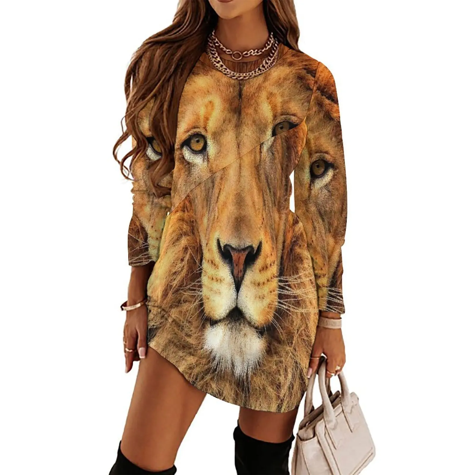 

Beautiful Lion Face Wild Cat Glare Long Sleeved Dress Women"s summer long dress Summer skirt