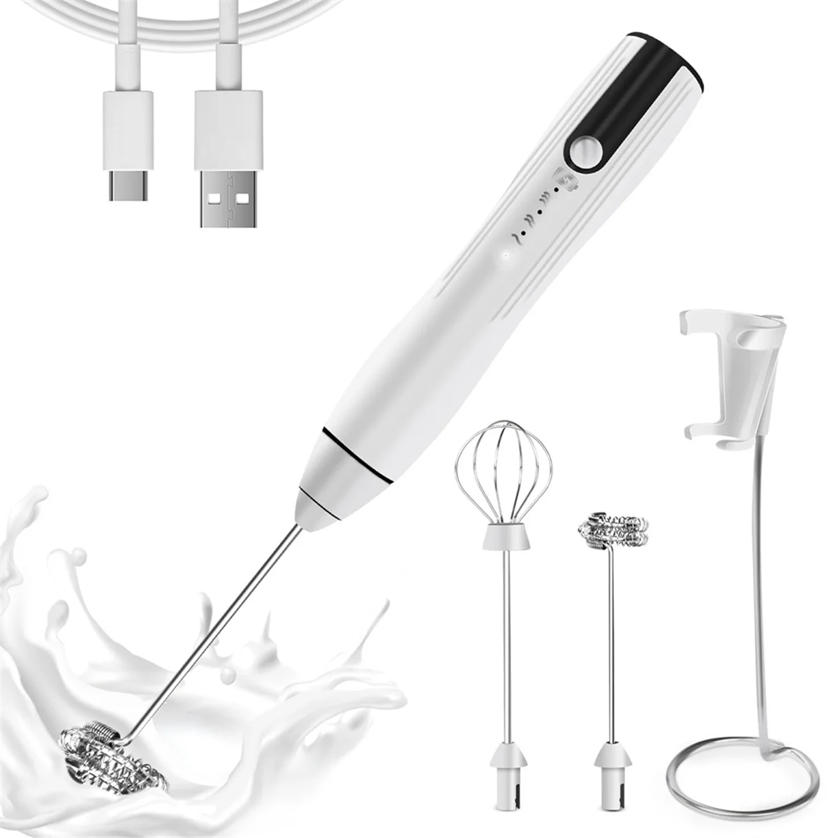 

Rechargeable Milk Frother Handheld with 3 Speeds, Powerful Whisk Drink Mixer with 2 Head for Coffee, Foam Maker White