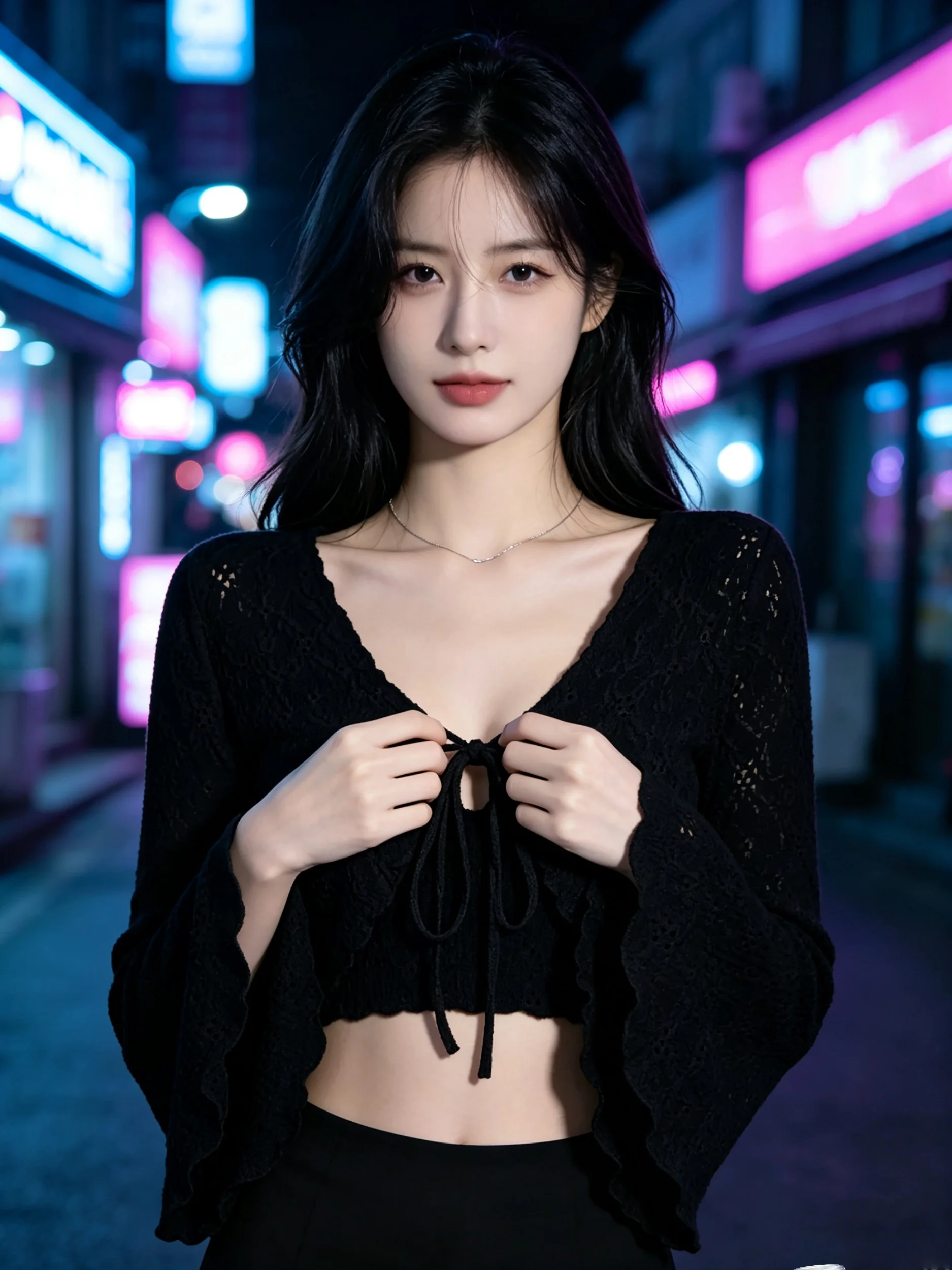 Women Eyelet Embroidery Deep V Front Tie Flare Long Sleeve Crop Cardigan Solid Black Ruffle Edge Sheer Cropped Cover Up Top