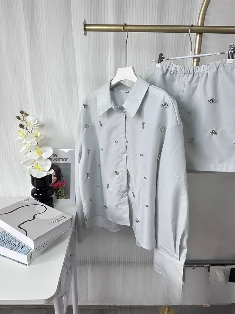 KONDALA Vintage Chic Women Jewels Suit Turn-down Collar Long Sleeve Blouse Straight Loose Shorts New Fashion 2025 Autumn Sets