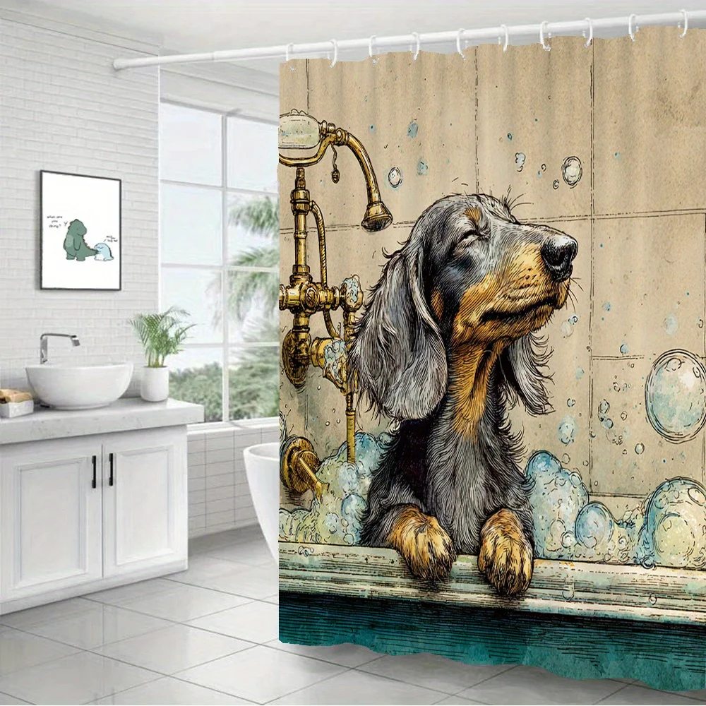Vintage Sketch Style Longhair Dachshund Puppy Taking Bubble Bath In Old‑Fashion Bathtub Flannel , Cozy Soft Warm 