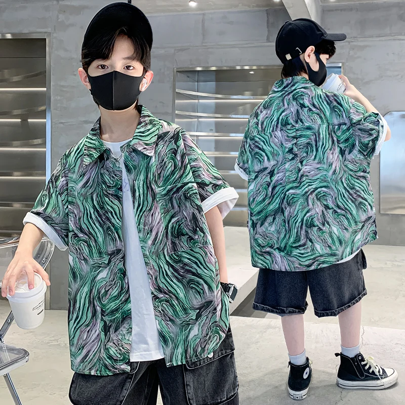 Unique Kids Design Short Sleeve Fluid Flower Print Shirt for Tween Boys New Fashion Summer Blouse Child Cool Streetwear Outfit