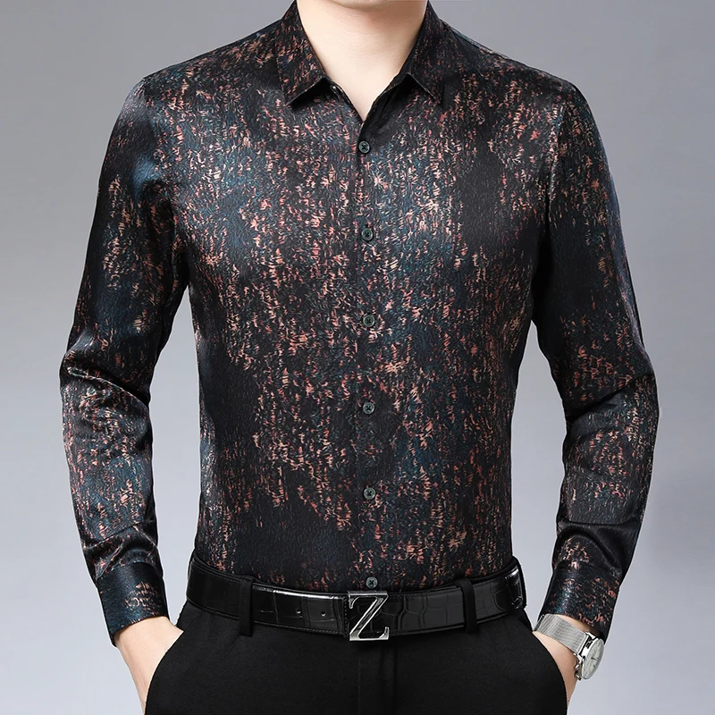 Exquisite Silk 93% Shirts For Men Long Sleeve Print Smart Casual Summer Quality Coolness Lightweight Easy Care Camisas De Hombre