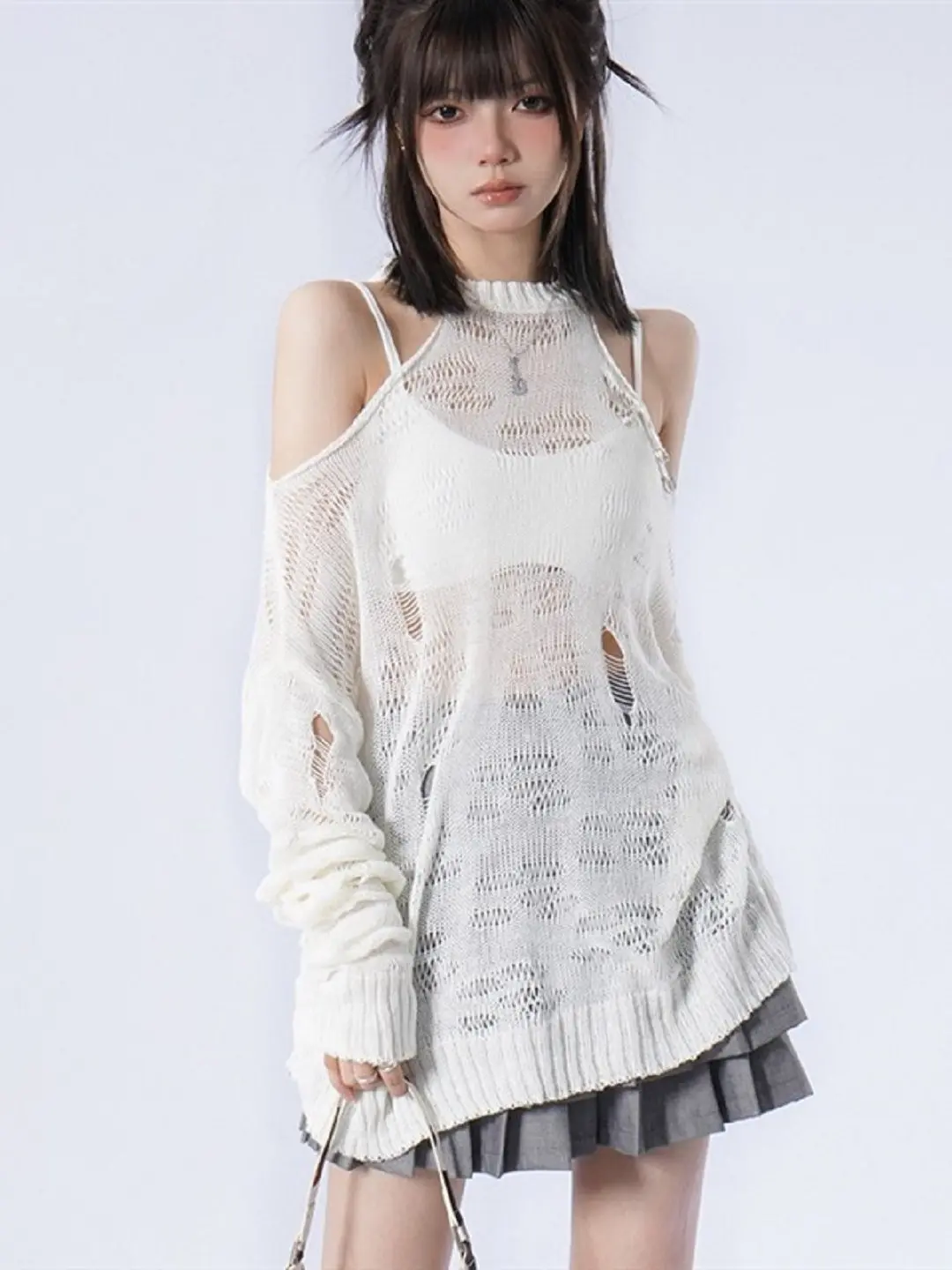 Women's White Long Sleeve Halter Hollow Knit T-shirt Cover Up Y2K Gyaru T-shirt Loose Sun Protection Tee Top Women Spring Summer