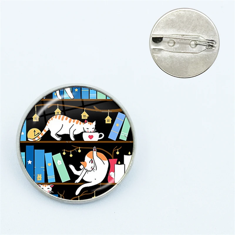 Library Cats Whimsical Cats On The Book Shelves Pin  Funny Glass Dome Brooches Shirt Lapel Bag Cute Badge Gift for Lover Friends