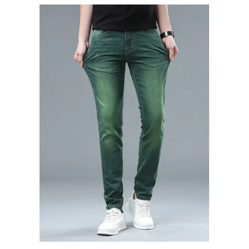 Affordable luxury fashion jeans men's stretch casual business all-match slim fit feet high-end green washed trousers