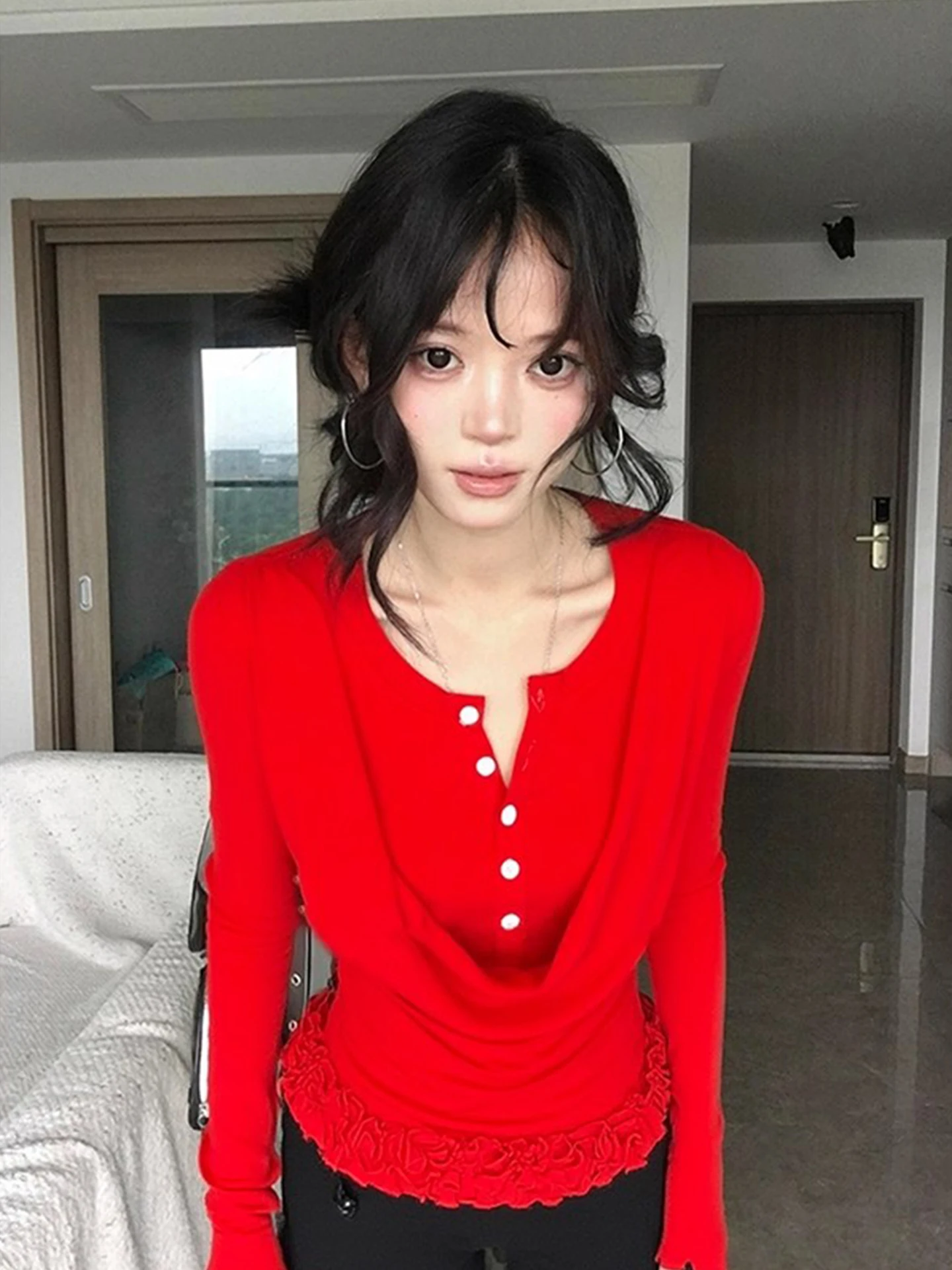 Retro Bell Collar Fake Two-Piece Long Sleeve T-Shirt Women's Spring Autumn Slim Fit Floral  Red Base Shirt Trendy Top