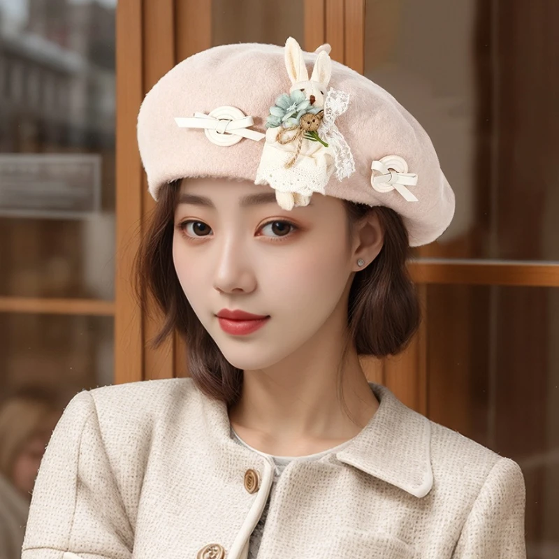 2026 جديد قبعات البيريه الإناث لطيف أرنب عروسة كارتون هدية الصوف برعم قبعة المرأة الفاخرة الخريف والشتاء نوعية جيدة قبعة أنيقة على الموضة #2