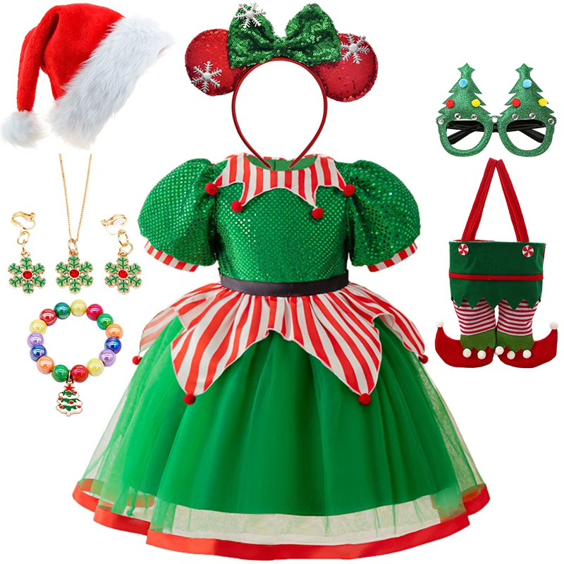 

Christmas Children's Sequined Green Fairy Princess Dress Santa Claus Stripe Xmas Girls Masquerade Party Performance Costumes