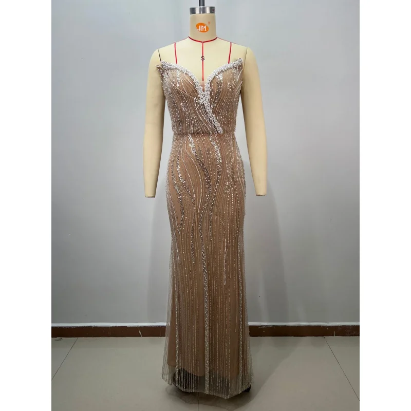 New Arrival Women's Apricot Heavy Beaded High Waist Slim Fit Bodycon Sequin Middle Eastern Evening Dress