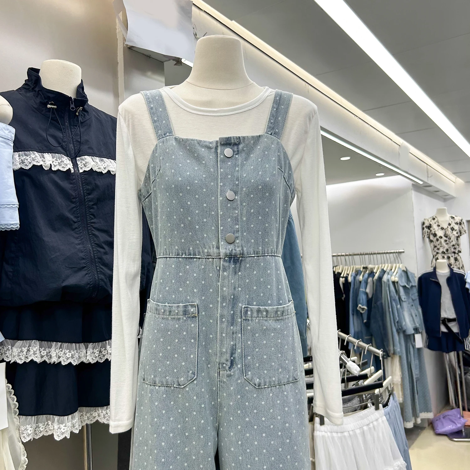 กางเกงขายาวทรงหลวมเอวสูงสไตล์เรโทร ลายจุด ผ้ายีนส์ สำหรับผู้หญิง ฤดูใบไม้ร่วง