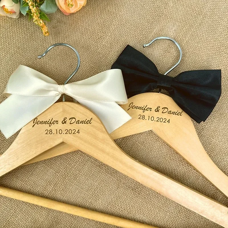 Personalized Custom Wedding Wood Hanger Engraved Names And Date Bridal Wooden Hanger Set Wedding Shower Party Bride Groom Gifts