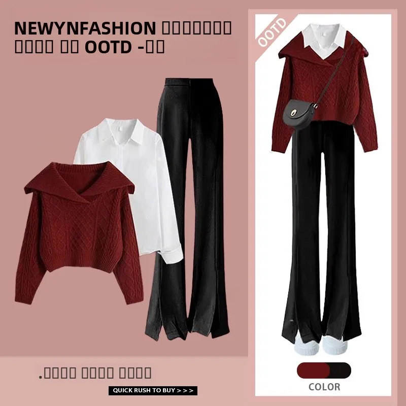 

Осенний модный женский комплект из трех предметов: вязаный свитер в стиле ретро с длинным рукавом, брюки с высокой талией и топ с V-образным вырезом.