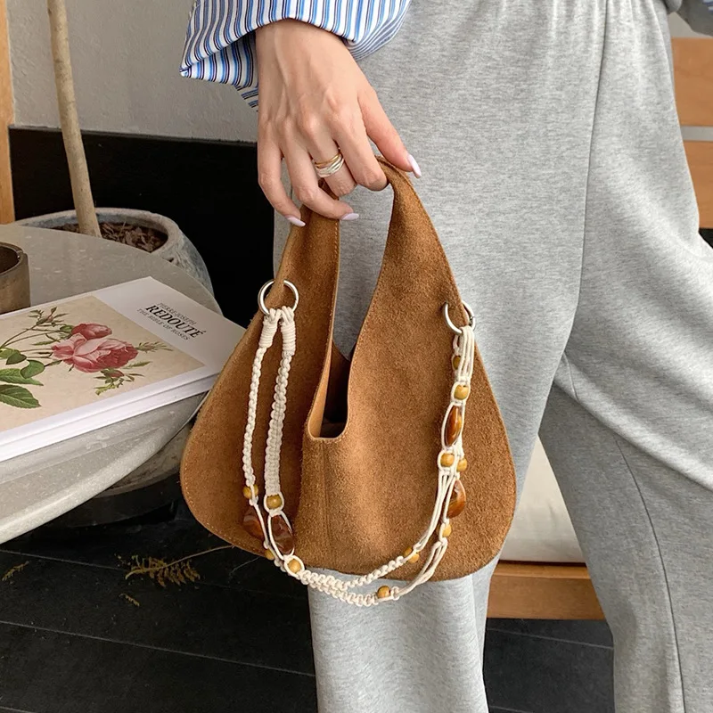 

New Style Frosted Leather Handbag Fashionable Basket Bag Beaded Handle Literary Holiday Style Shoulder Bag Daily Commuter Bag
