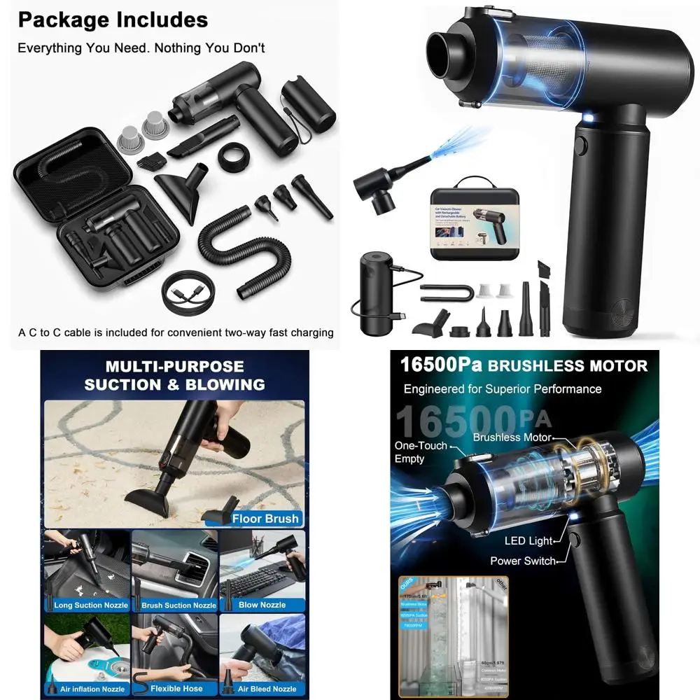 

Высокоскоростной портативный автомобильный пылесос 78000 об/мин, 4-в-1: воздуходувка, насос и внешний аккумулятор с съемной батареей 6000 мАч