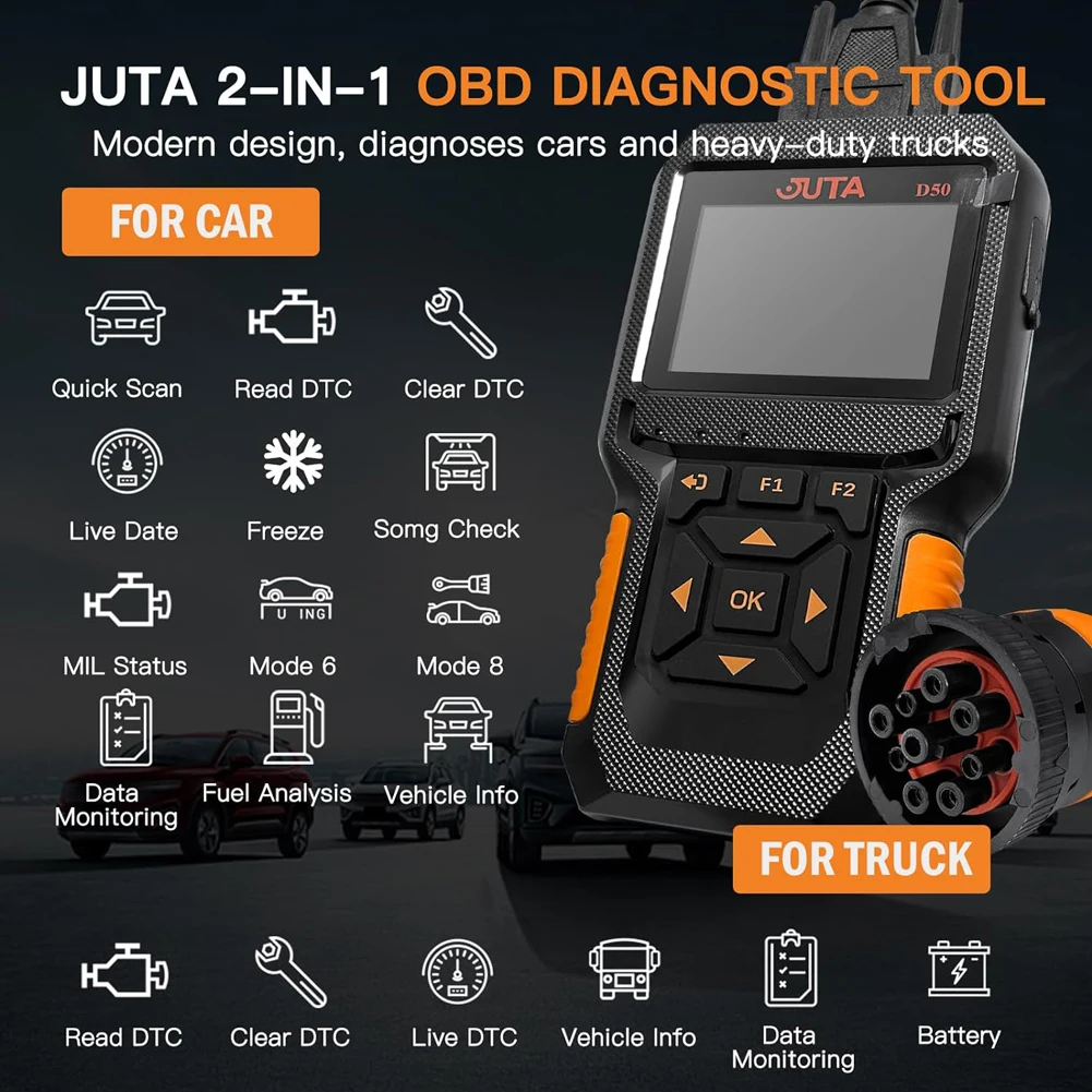 D50 OBD2 Scanner Car and Truck Code Reader Heavy Duty Diesel Diagnostic 2 in 1 Scan Tool Auto Clear Check Engine Fault Light