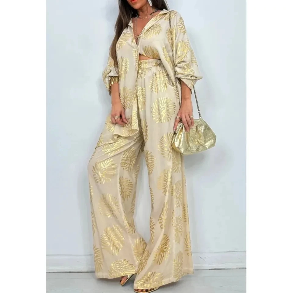 

Women's Lapel Printed Gold Embossed Loosel Long-sleeved Shirt Suit Laid-back Pocket Wide-leg Trousers Elegant Female 2 Piece Set