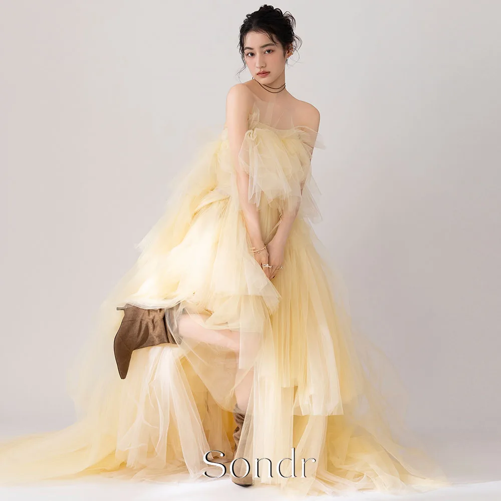 Sondr Pale Yellow Luxury Japanese Wedding Party Dress Formal Evening Gown Customized Tiered Tulle Korean Photography Gown Women