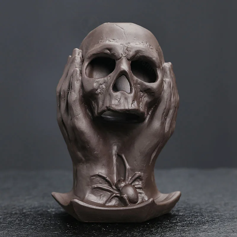 Skull Backflow Incense Burner Purple Clay Censer Creative Ornament Handicraft Deco Gift for Halloween Sandalwood Incense Holder
