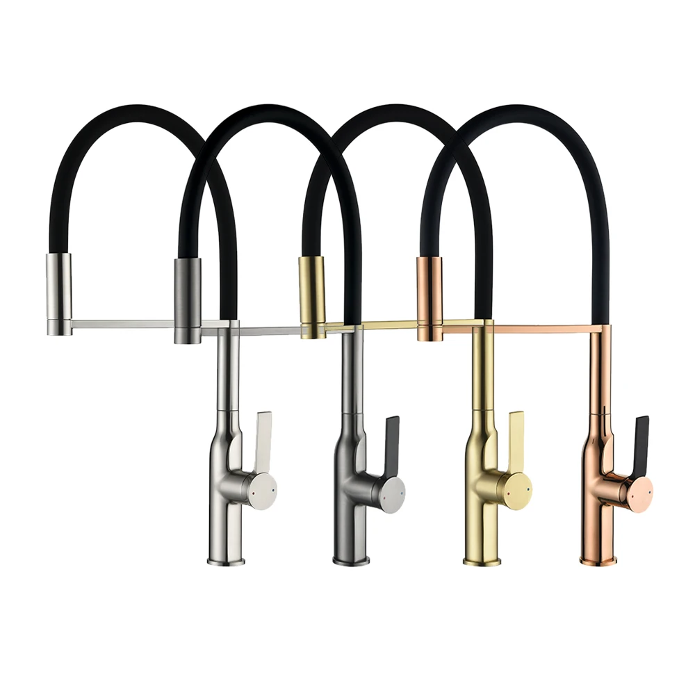 ก๊อกน้ำห้องครัวหรูหราทันสมัยคุณภาพสูง 360 °   ก๊อกน้ำแบบหมุนดึงลง สปริงในตัว สีโรสโกลด์ สำหรับอ่างล้างจานในครัว