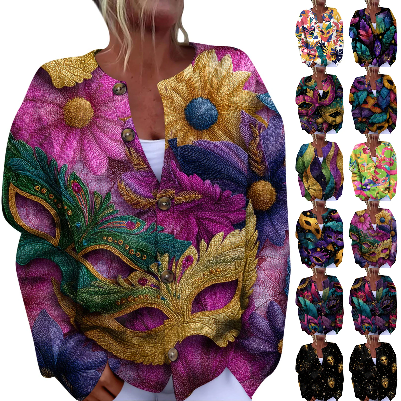 여성 패션 페스티벌 프린트 긴팔 니트 가디건 버튼 프론트 자켓 여성 코트 겨울용