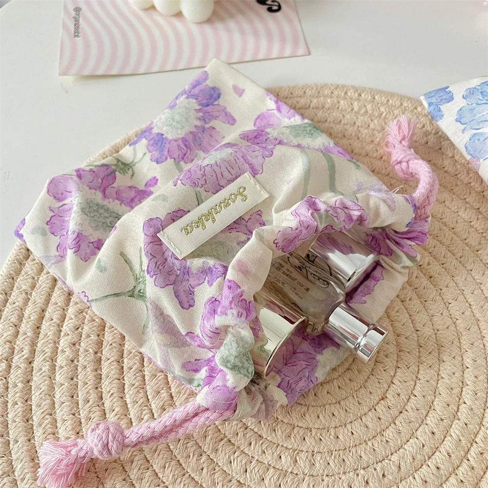 Cute Floral Small Thing Cosmetic Lipstick Portable Storage Bag Purse Key Earphone Jewelry Tote String Rope Pouch Drawstring Bags