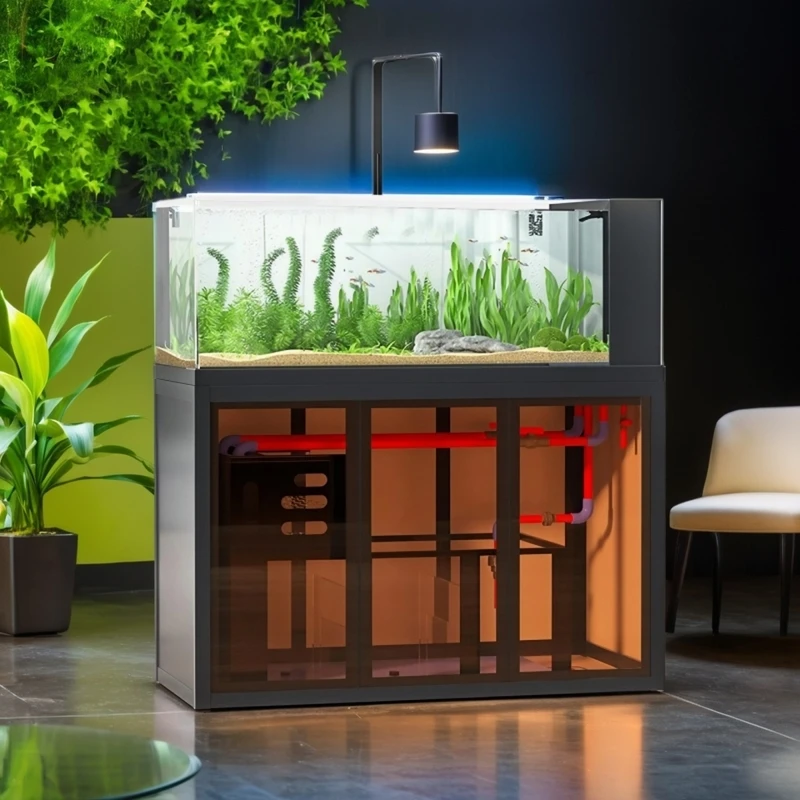 Industrial-style aquascape fish tank, side-overflow filtration system, low-maintenance, river ecosystem fish tank, 25W power