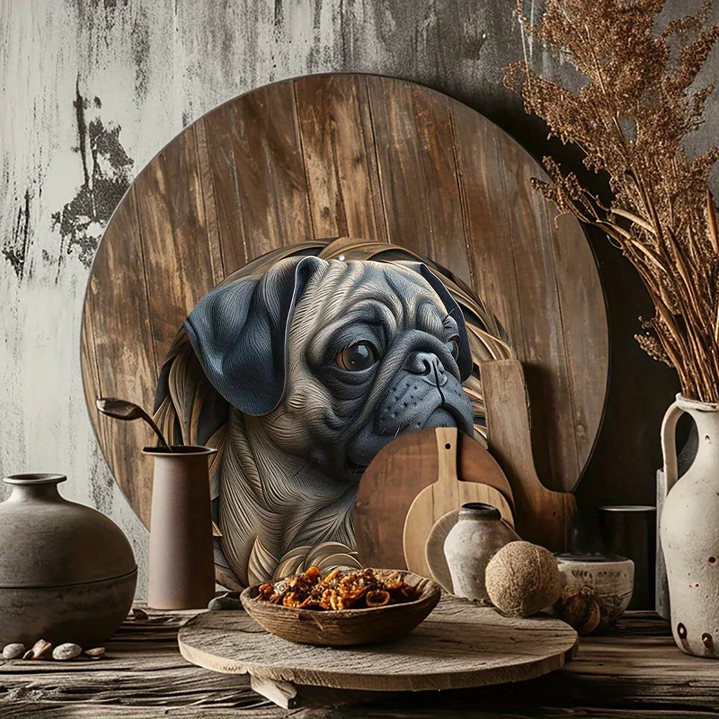 1pc 8x8inch (20x20cm) Round Aluminum Metal Metal Pug Round Metal Aluminum Sign for Home Garden Kitchen Cafe Wall Decor  Posters