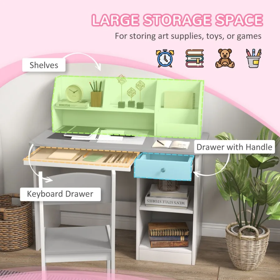 Qaba Desk and Chair Set with Storage Study Desk with Chair for 5-8 Years Old Gray