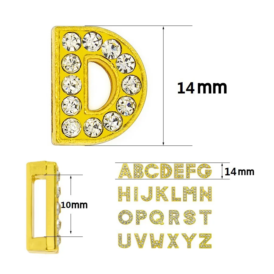 Lote de 10 unidades de diamantes de imitación de Color dorado, letras deslizantes brillantes del alfabeto inglés, dijes aptos para llaveros de