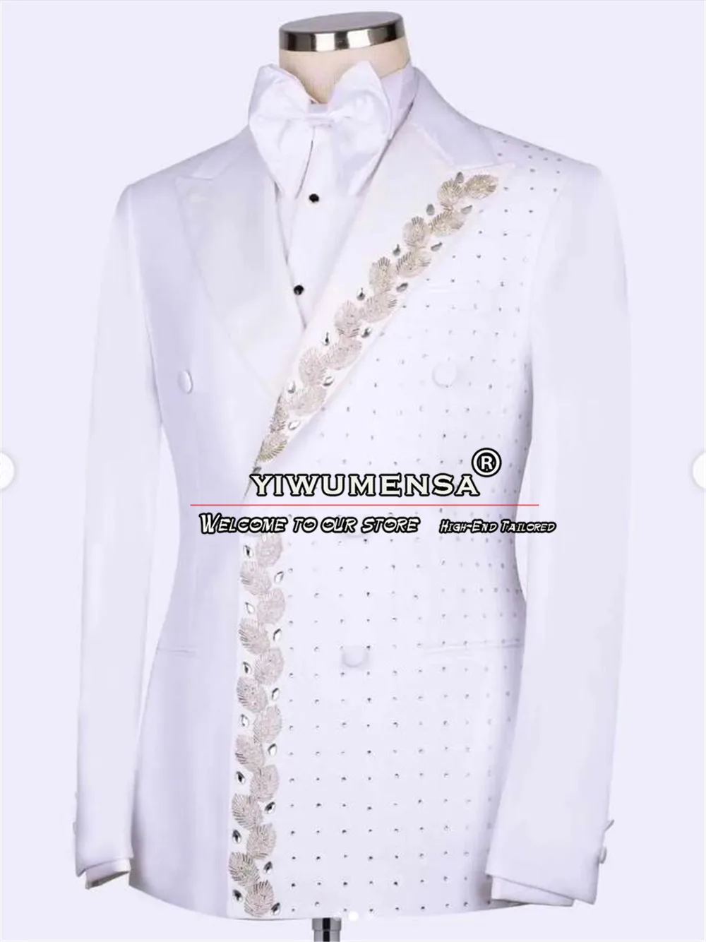 Costumes blancs sur mesure pour hommes, coupe couvertes, veste à double boutonnage, pantalon 2 pièces, smokings de mariage formels, ensemble de blazer de RhQueParty, marié