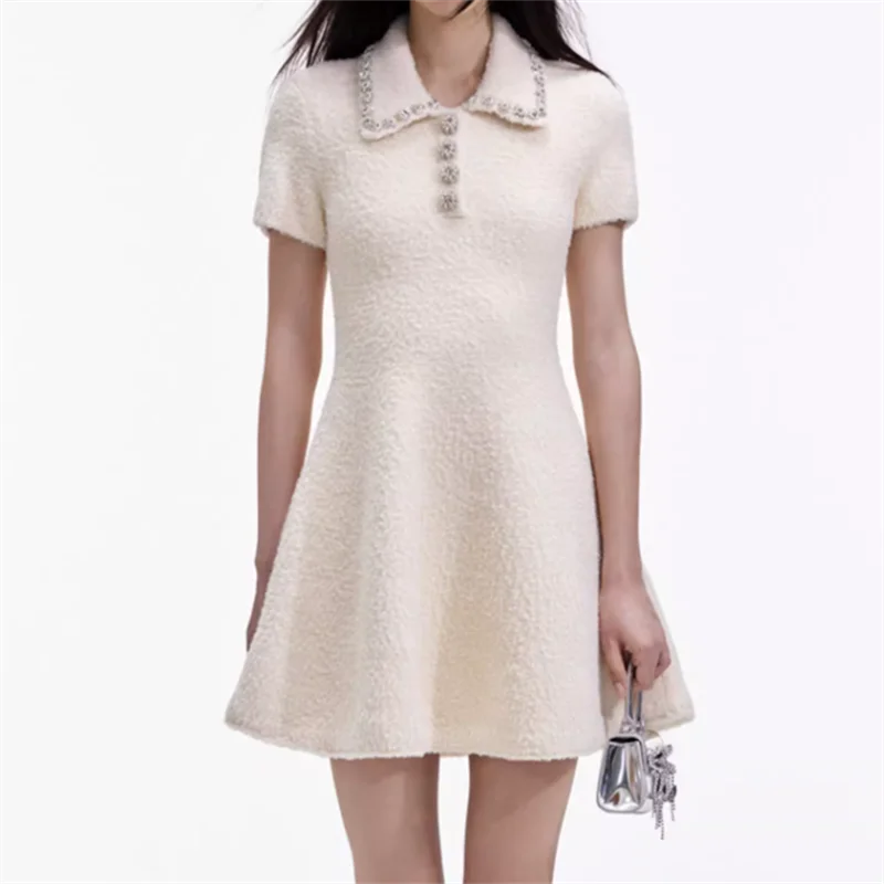 

Women's dress 2024 autumn New in fashion button decoration short sleeved mini dress elastic knitted slim plush Short dresses y2k