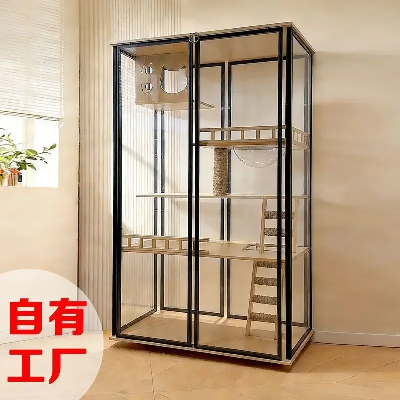 Glass solid wood cat cage   room luxury transparent household oversized cat cabinet  house   panoramic